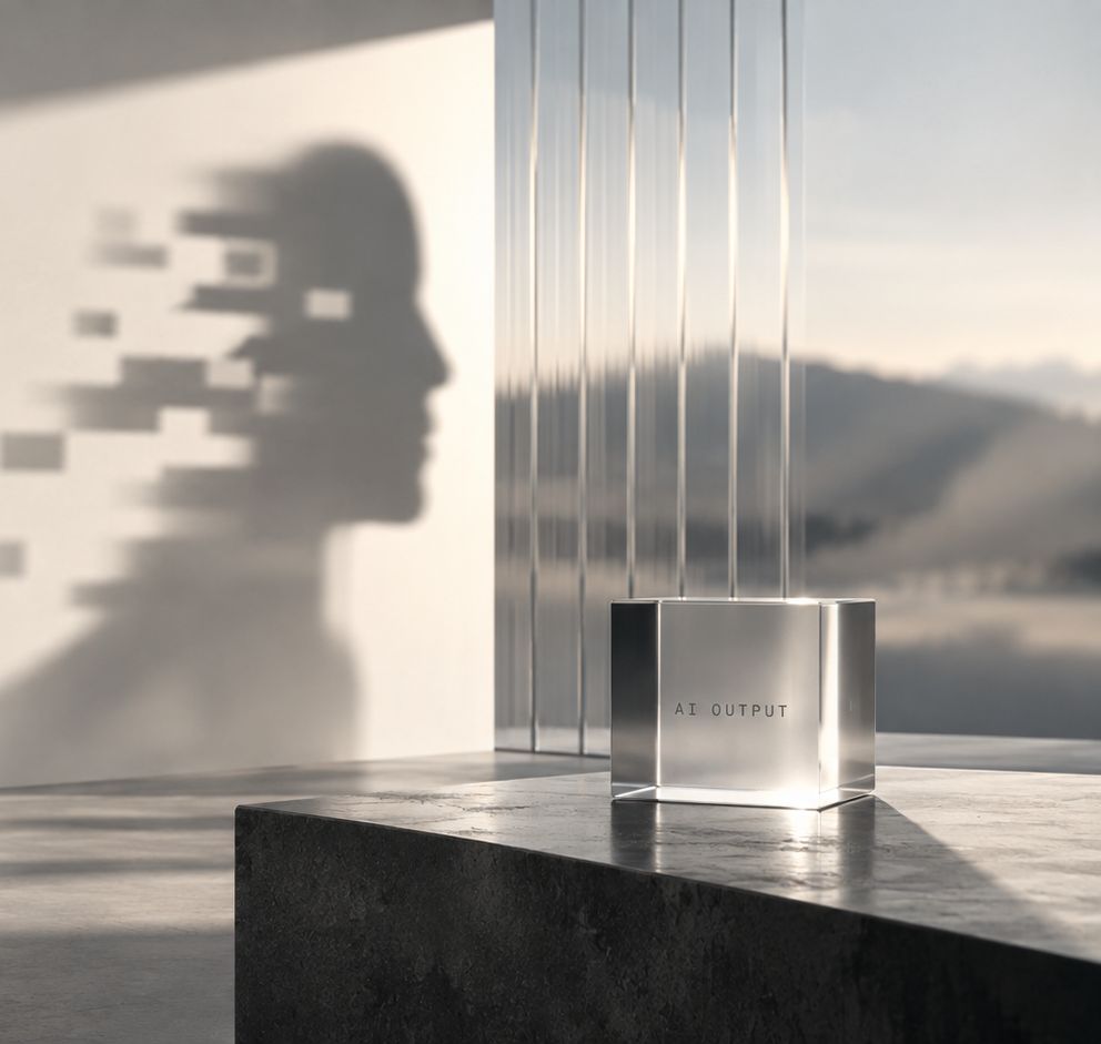 Der Schatten eines menschlichen Gesichts zerfällt an einer hellen Wand in Pixel, vor einem Glasblock.