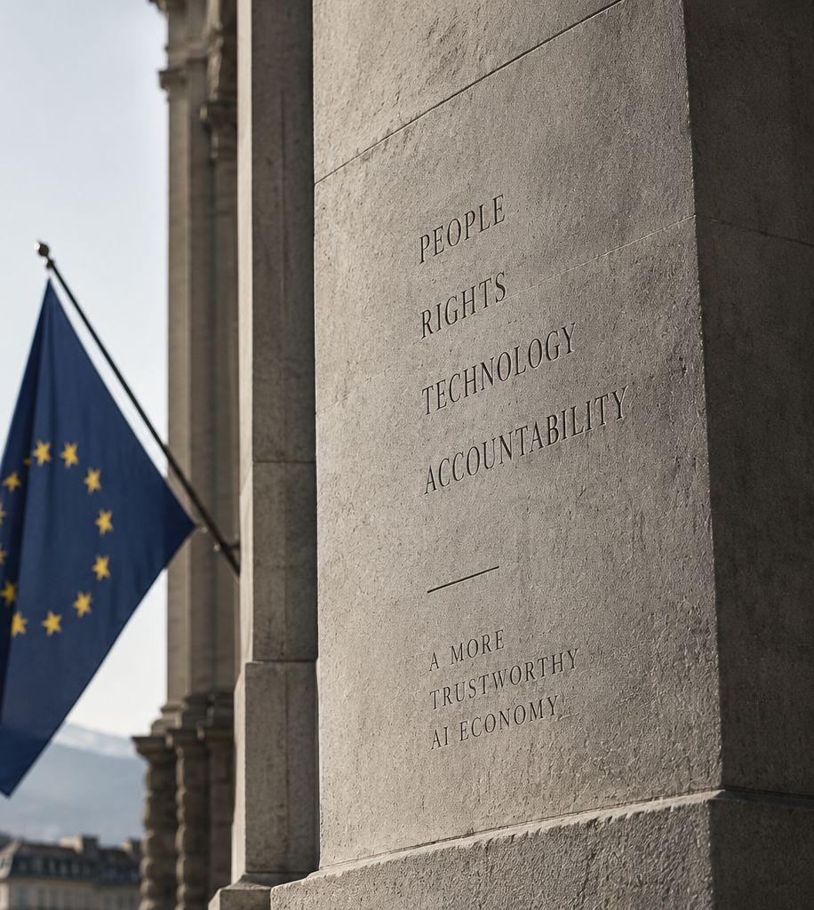 European flag in front of the stone façade of a courthouse, mountains behind.